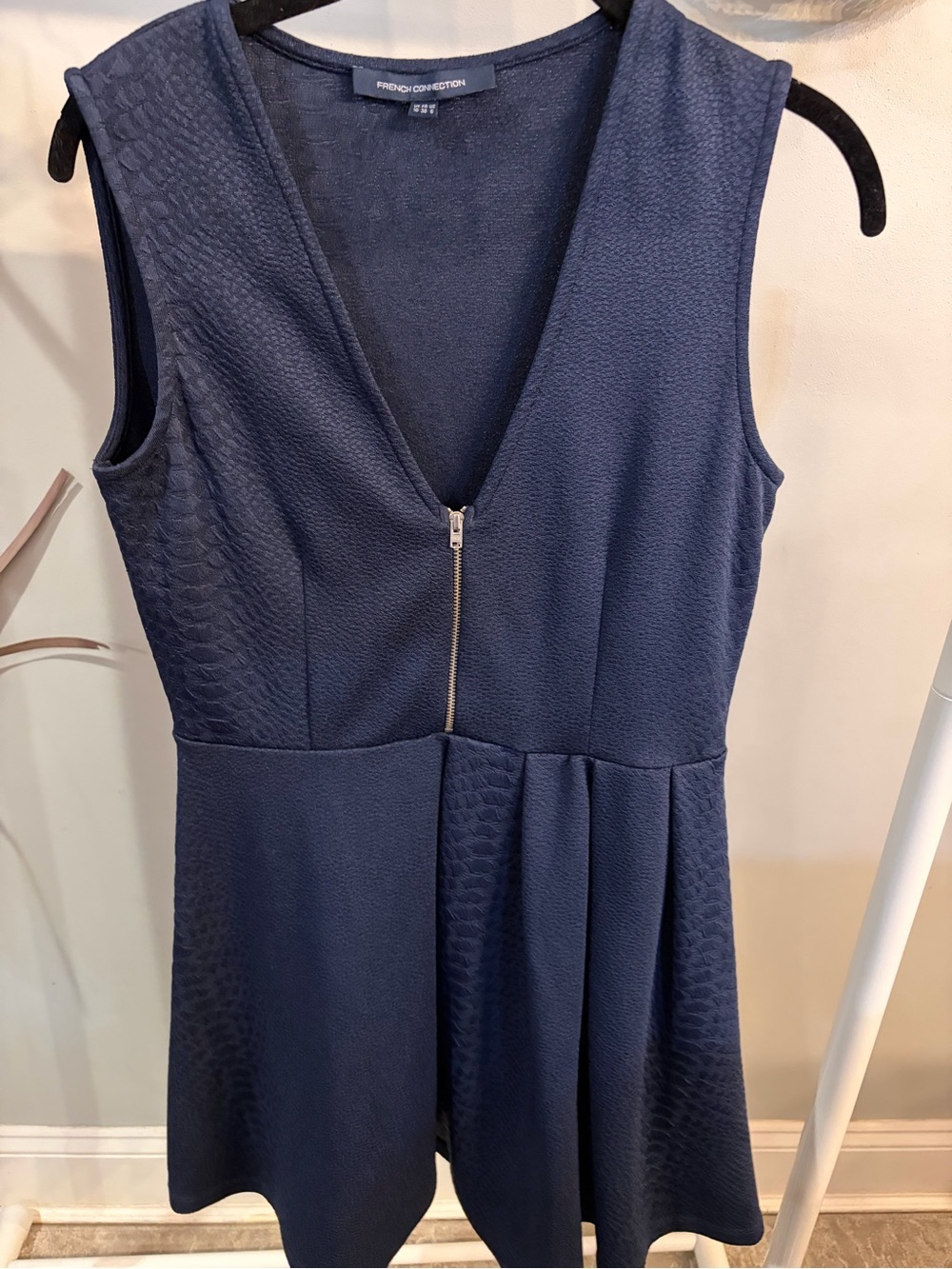 French Connection Navy Textured V-Neck Zip Dress size 6